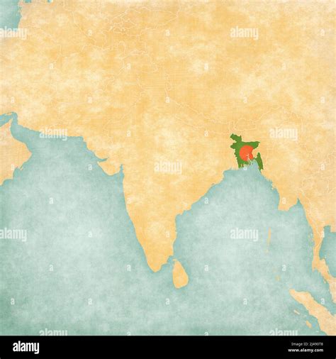 Bangladesh (Bangladeshi flag) on the map of South Asia in soft grunge and vintage style, like ...