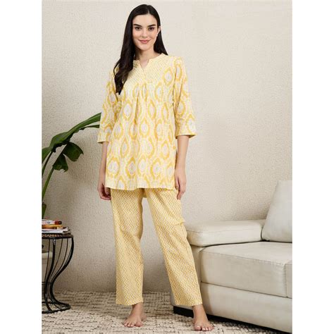 Buy July Nightwear Cotton Yellow Printed Kurti with Pajama Online