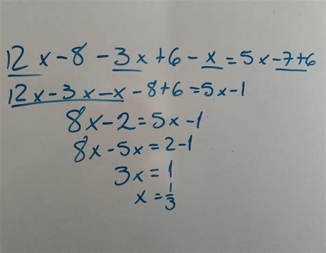 el valor de x en la ecuación 12x -8 -3x +6 -x =5x -7 +6x - Brainly.lat