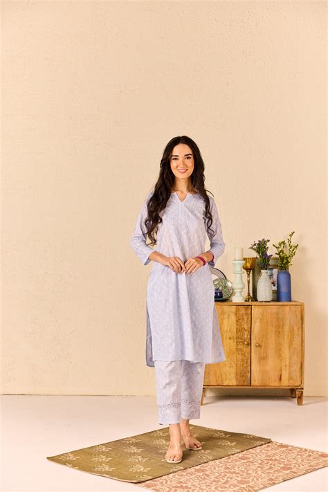 Suhana Powder Blue Cotton Hand Embroidered Chikankari Kurta & Pant Set