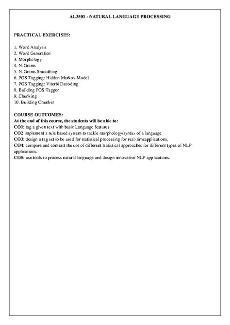 AL3501 - NLP Practical Exercises: A Comprehensive Syllabus Guide - Studocu