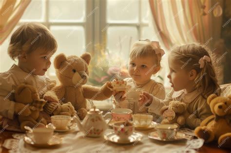 Group of children gathered around a table interacting with their teddy ...