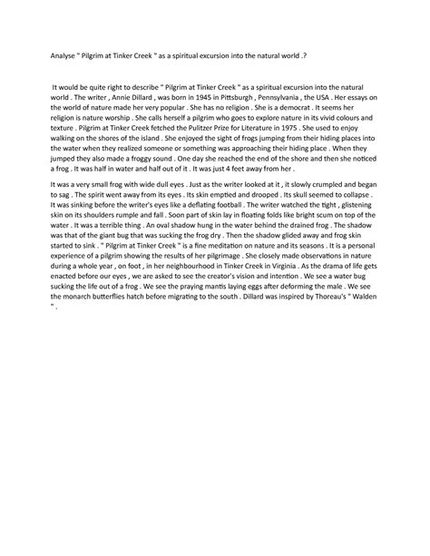 Essay 7 - Analyse " Pilgrim at Tinker Creek " as a spiritual excursion ...