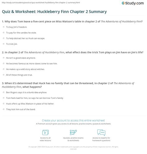 Quiz & Worksheet: Huckleberry Finn Chapter 2 Summary | Study.com