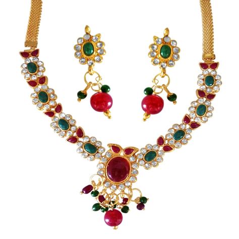 Buy Surat Diamonds Red & Green Polki & Gold Plated Necklace & Earring ...
