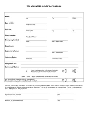 CSU Volunteer Identification Form - Blank Fillable Template | Fill Out ...