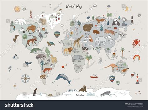 Animals World Map Vector Illustration Poster Stock Vector (Royalty Free ...