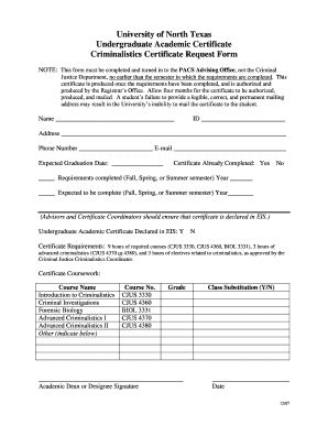 Fillable Online pacs unt UNT Criminalistics Certificate Request Form ...