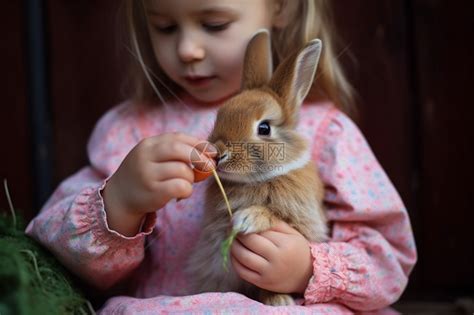 女婴喂养兔子高清图片下载-正版图片600350166-摄图网