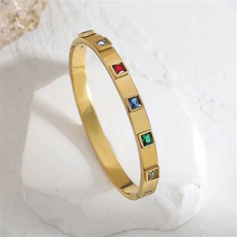 Buy Stainless Steel Gold-Plated Multicolor Square American Diamond ...