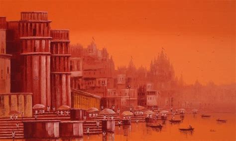 "Banaras Ghat 25": Red Oil Painting (36x60) by Reba Mandal | ArtZolo.com