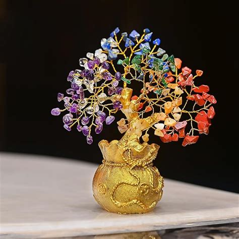 Buy Crocon 7 Chakra Crystal Bonsai Tree with Golden Money Bag Base ...