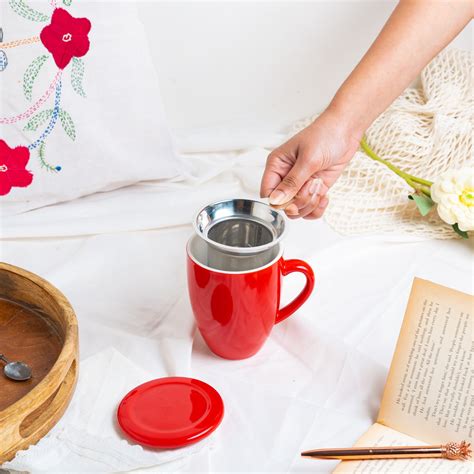 Buy Sipologie Red Ceramic Tea Cup with Infuser, 300ml Online