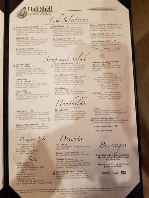 Menu at Half Shell Oyster House restaurant, Hattiesburg, US-98 #1