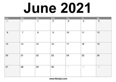 June 2021 Calendar Printable – Free Download – Noolyo.com