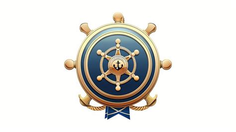 A golden ships wheel with an anchor in the center surrounded by a blue ...
