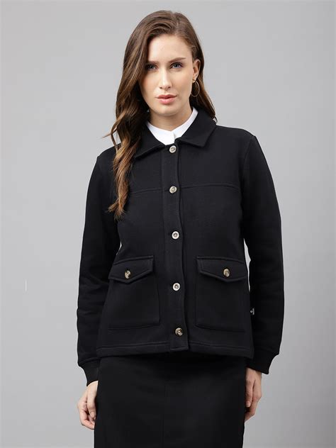 Hancock Women Black Solid Front Open Regular Collar Sweatshirt