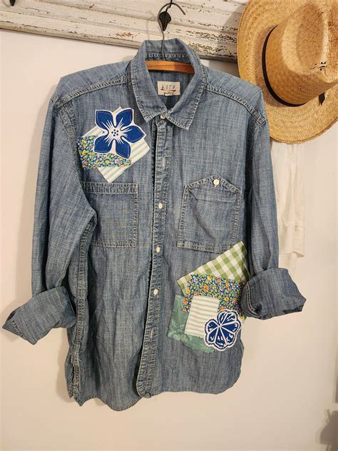 Denium Shirt, Women's Large Shirt, Jean Shirt, LG Shirt, Patched Shirt ...