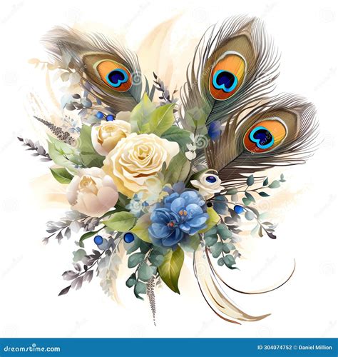 Beautiful NEUTRAL COLORS Bouquet Peacocks Feather Clipart Illustration ...
