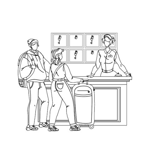 Bij de receptie van het hotel registreren gastpaar Black Line Pencil ...