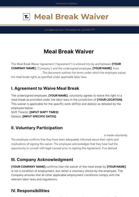 Free Meal Break Waiver Template to Edit Online