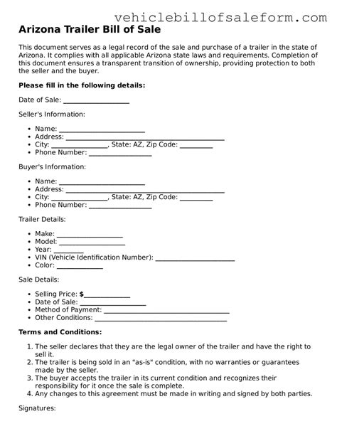 Access Arizona Trailer Bill of Sale Template ≡ Motor Vehicle Bill of Sale