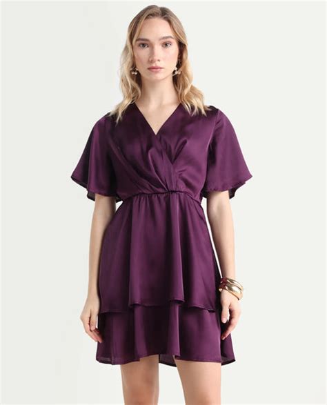 Rareism Women's Creola Dark Purple Polyester Overlap Neck Plain Mini F