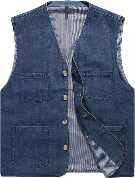 HangNiFang Men's Casual Denim Cotton Utility Vest Button Up Outdoor ...