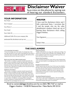 Fillable Online Disclaimer Waiver - Diggers Hotline Fax Email Print ...