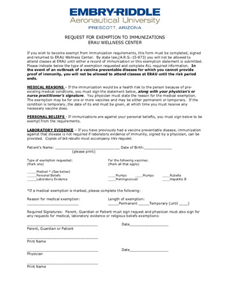 Fillable Online prescott erau REQUEST FOR EXEMPTION TO IMMUNIZATIONS ...