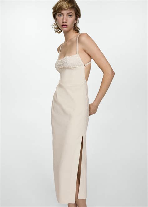 Linen dress with embroidered detail - Women | MANGO OUTLET USA