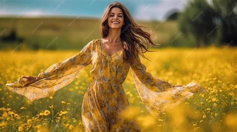 Premium AI Image | Yellow Dress Flower Field Girl 2