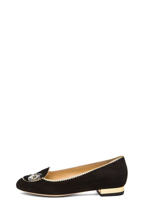 Charlotte Olympia Such a Hoot! Suede Flats in Black | FWRD
