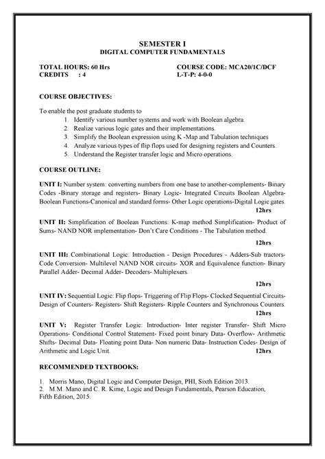 DCF Syllabus - SEMESTER I DIGITAL COMPUTER FUNDAMENTALS TOTAL HOURS: 60 ...