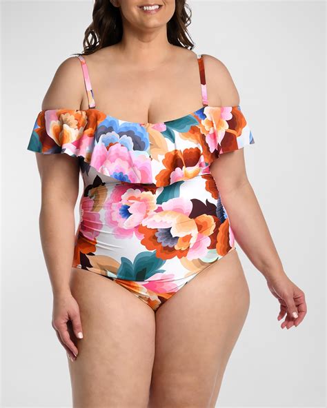 La Blanca Plus Size Waves Ruffle Bandeau One-Piece Swimsuit | Neiman Marcus