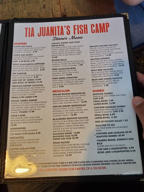 Menu at Tia Juanita's Fish Camp restaurant, Beaumont, Calder Ave