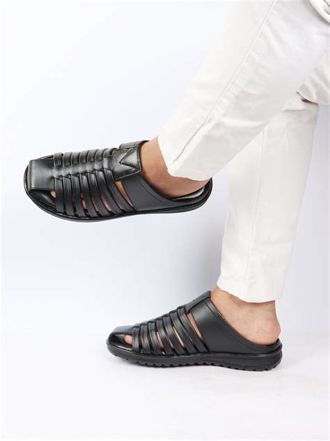 Buy Black Leather Multi Strap Slip On Sandals For Men Online