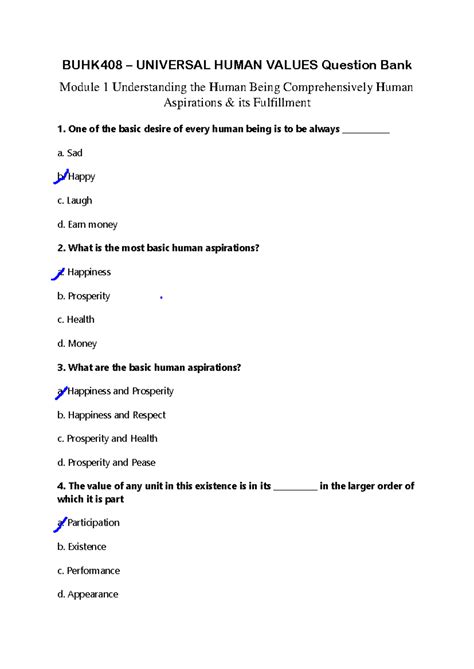 BUHK408 Universal Human Values Question Bank: Module 1 Insights - Studocu