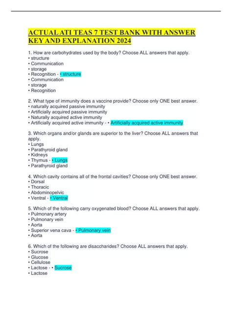 ACTUAL ATI TEAS 7 TEST BANK WITH ANSWER KEY AND EXPLANATION 2024.pdf ...