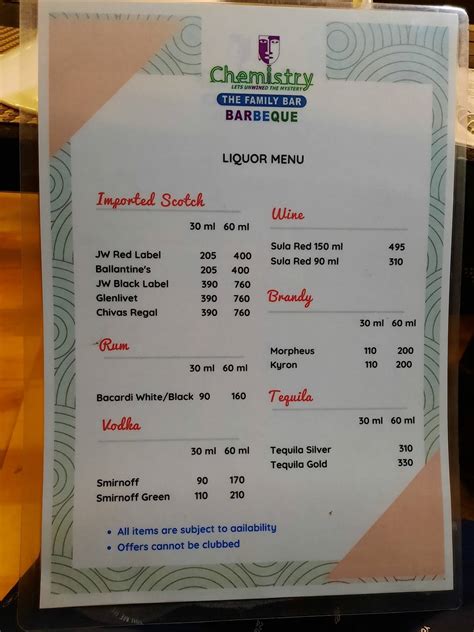 Menu at Chemistry Family Bar, Hyderabad