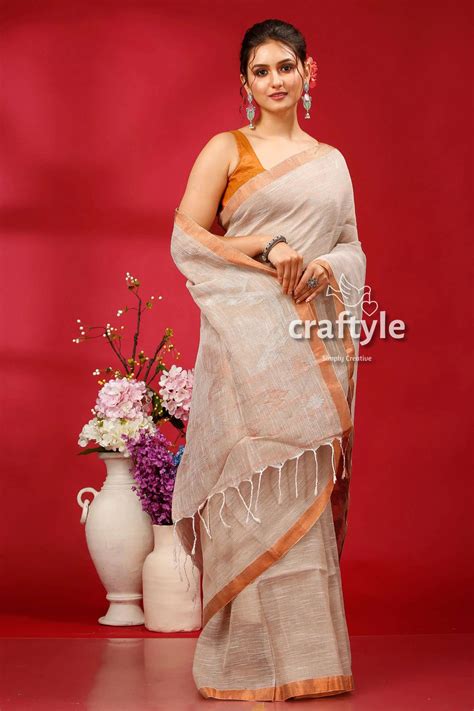 Qull Gray Copper Zari Bengal Handloom Linen Jamdani Saree – Craftyle