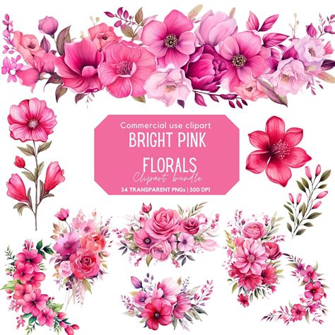Bright Pink Floral Clipart Pink Flower Hot Pink Flower Wedding Clipart ...