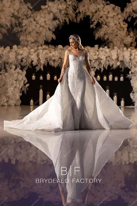 Luxury beaded Illusion Neck Sheer Sleeve Mermaid Overskirt Bridal Dress