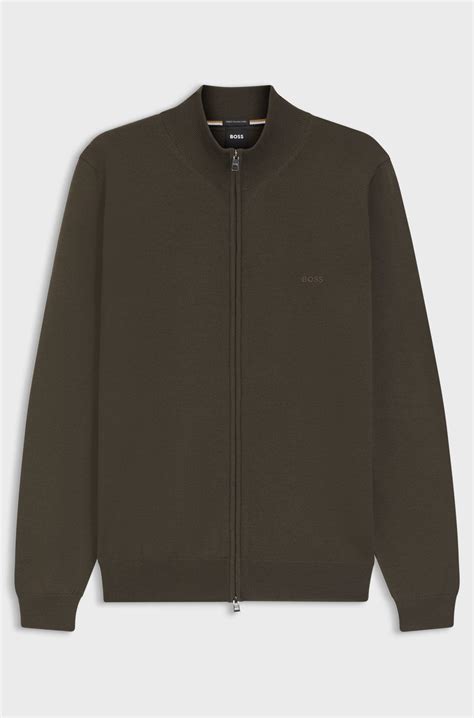 BOSS - Zip-up cardigan in virgin wool with embroidered logo - Dark Green