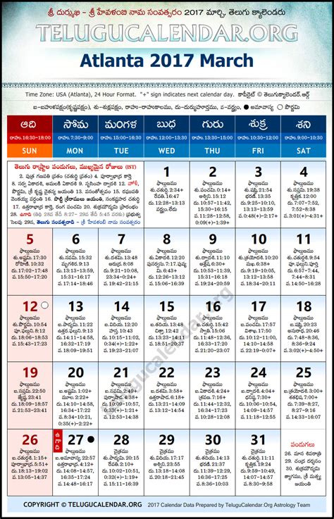 Atlanta | Telugu Calendars 2017 March