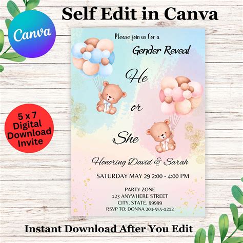 Gender Reveal Invitation- Bear Balloon Gender Reveal Invite Template ...