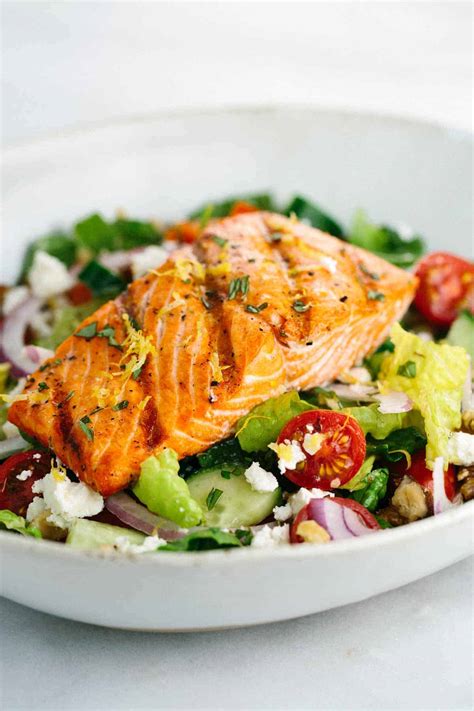 Grilled Salmon Greek Salad with Lemon Basil Dressing | Jessica Gavin