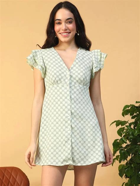 Clamin Green Check Print Short Sleeve Button Down Cut Out & Ruffle Det ...