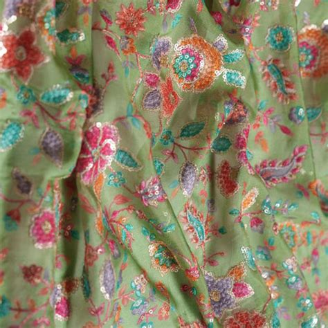 (Per Cut -2.5 meter) Green Floral Embroidery With Sequins Placement Pr ...