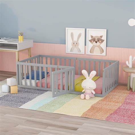 Amazon.com: Bellemave Twin Size Floor Bed with Fence & Door, Kids ...